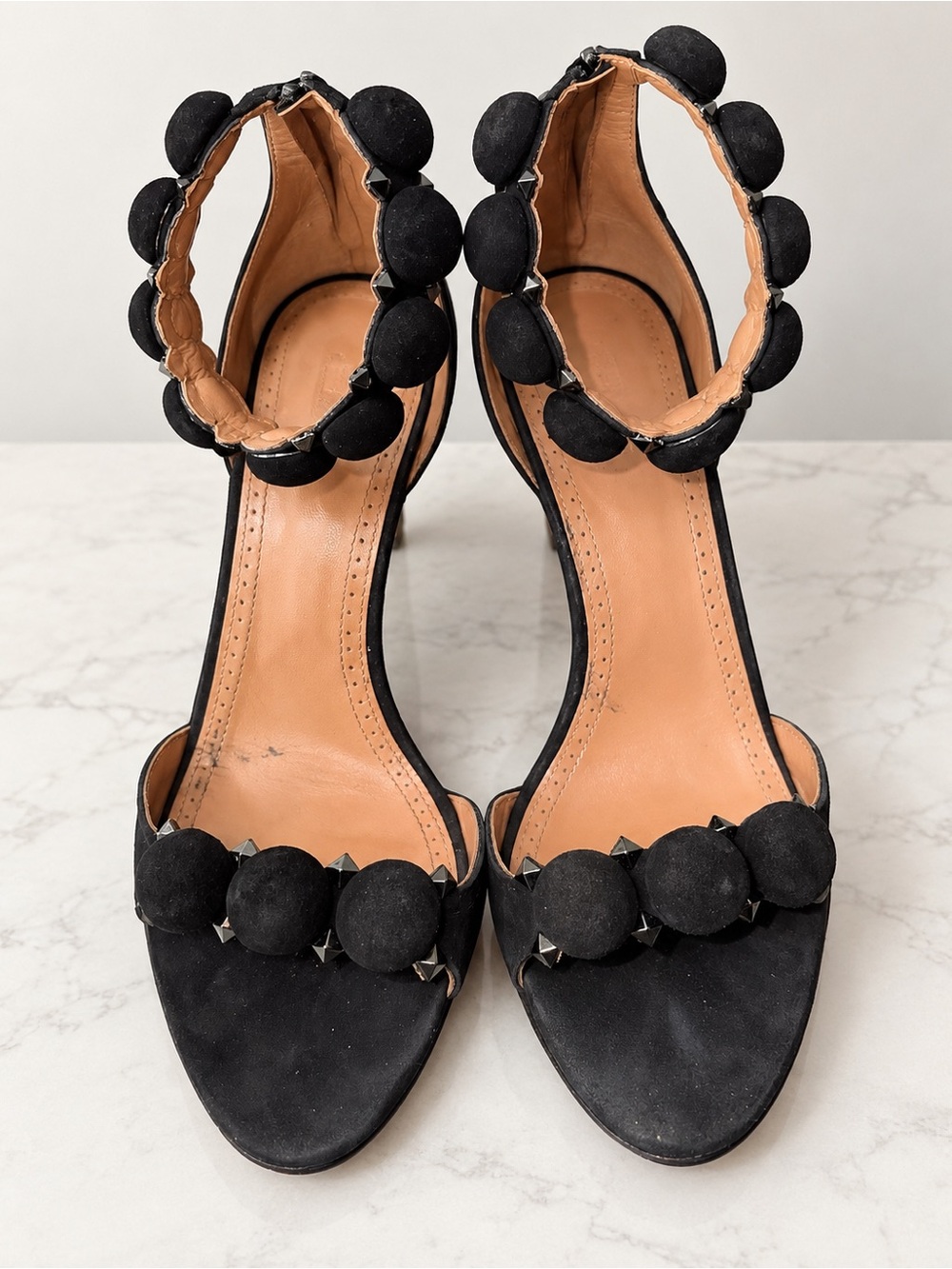 Alaïa Black Suede Pom-Pom Studded Open-Toe Heels